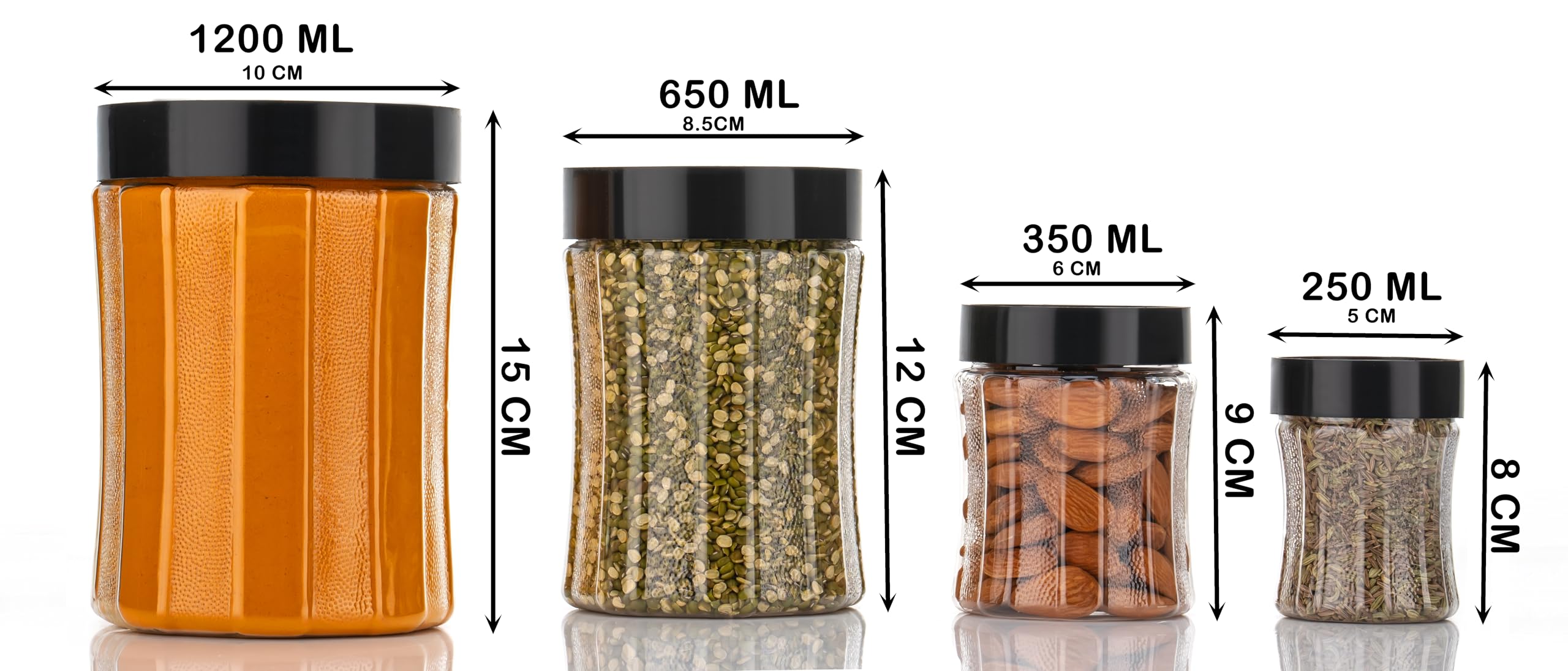 Transparenter Küchenbehälter – gebogene Form, Kunststoff-Lebensmittelaufbewahrung, Dabba-Gläser mit luftdichtem Deckel, Löffel, 1200 ml, 650 ml, 350 ml und 250 ml Behälter für Hülsenfrüchte
