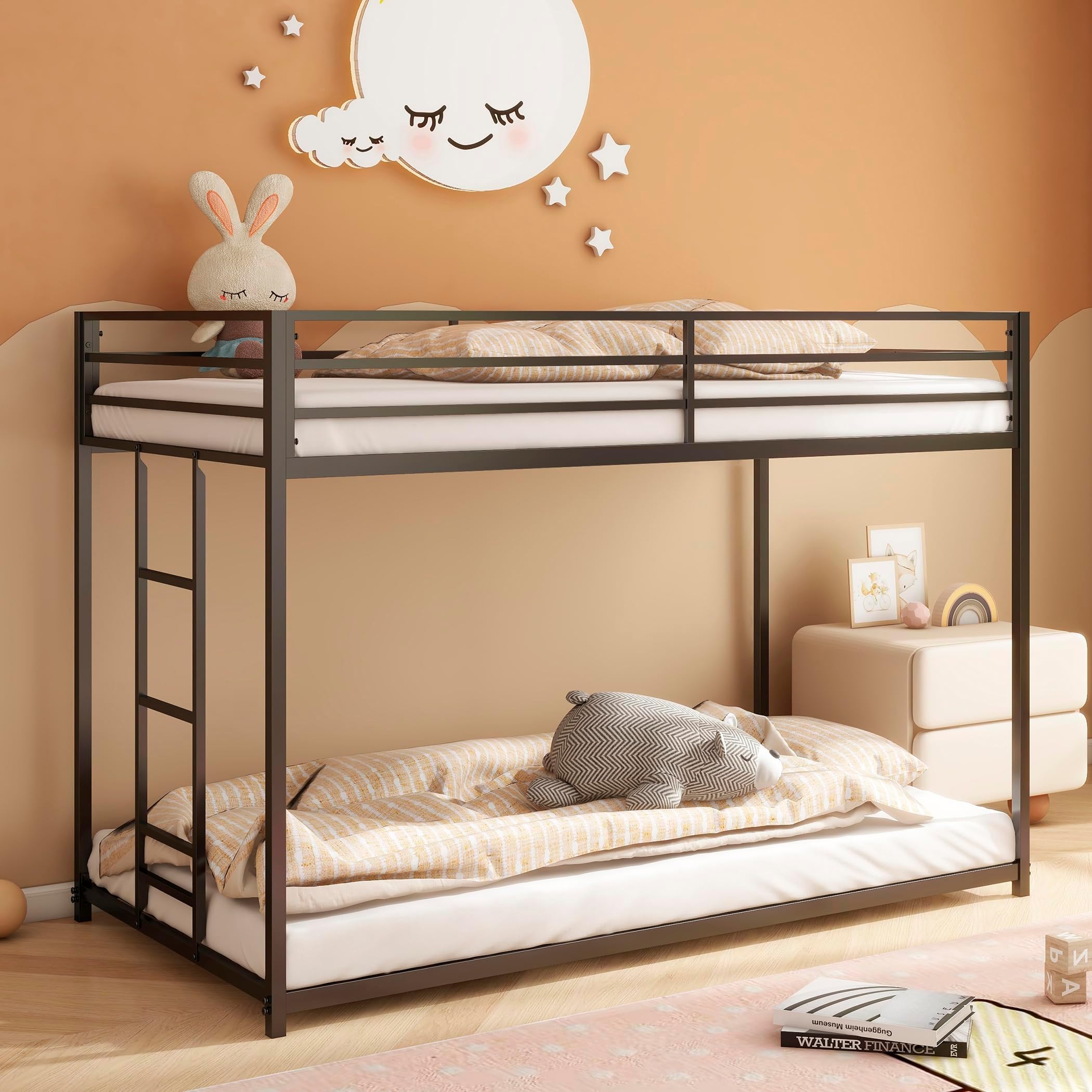 BellemaveTwin Over Twin bunk Bed，Metal Floor Bunk Bed, Bunk Bed for Kids, Adults, Bunk Bed for Boys, Girls, Adult bunk beds Heavy Duty, Twin Over Twin, Black