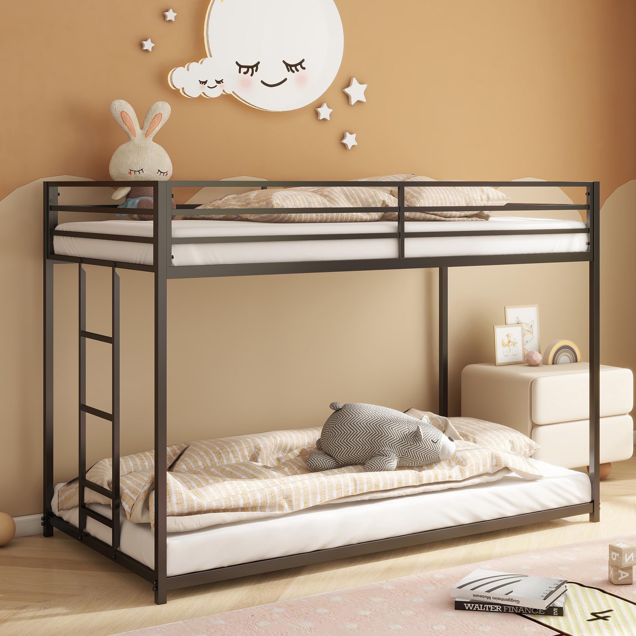 BellemaveTwin Over Twin bunk Bed，Metal Floor Bunk Bed, Bunk Bed for Kids, Adults, Bunk Bed for Boys, Girls, Adult bunk beds Heavy Duty, Twin Over Twin, Black