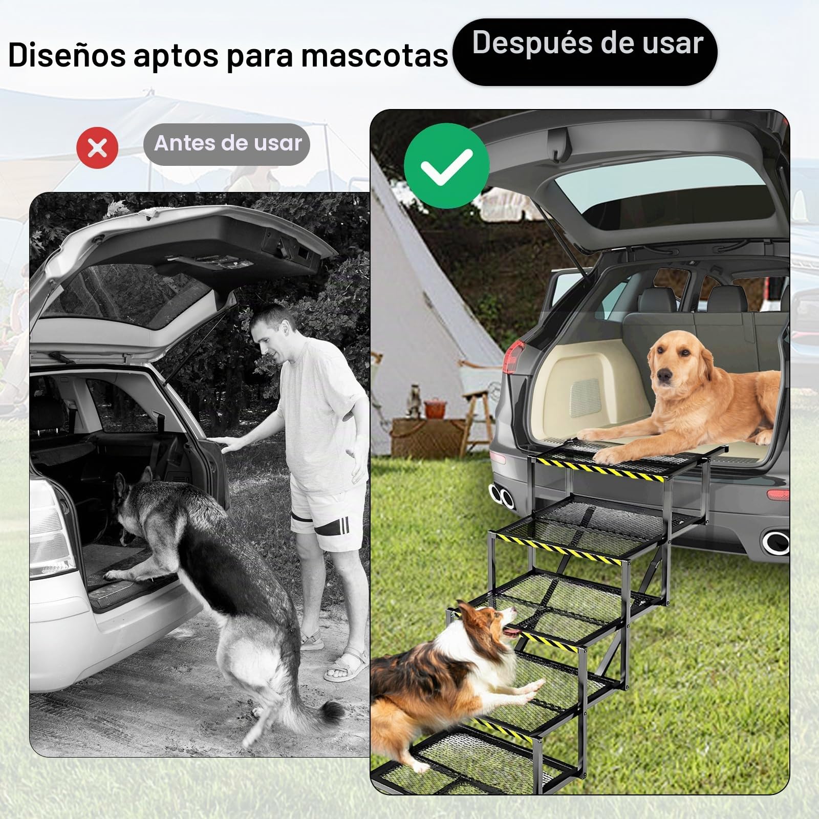 Rampa para Perros, Escaleras Perros 5 Peldaños Rampa Plegable Coche Perros Pequeños Medianos Y Grandes Escaleras Antideslizantes para Camiones Y SUV Soporta hasta 100Kg 35-90cm Altura Ajustable
