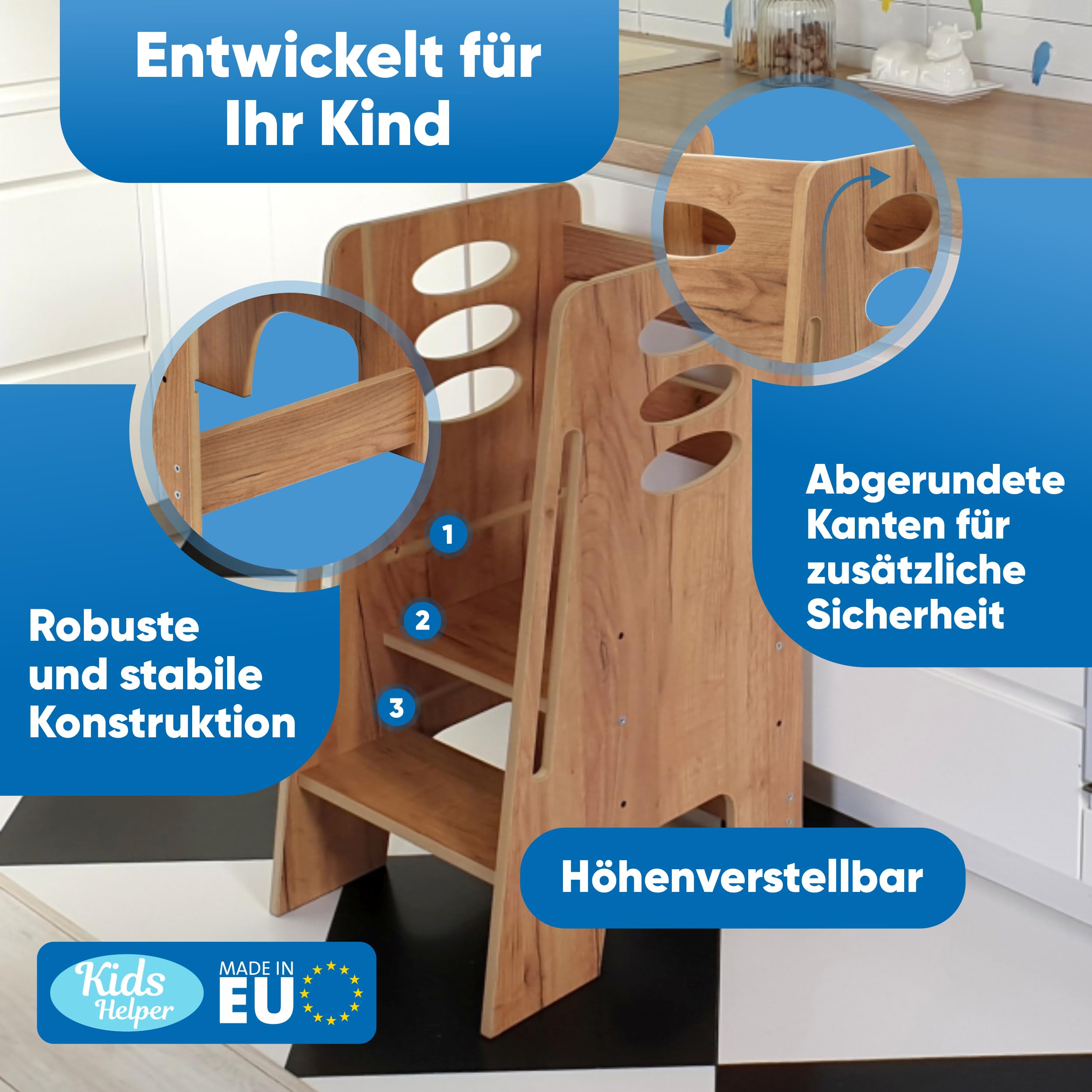 Kitchen Kids Helper Lernturm ab 1 Jahr - Höhenverstellbarer Lernturm Montessori Eiche 80cm - Sicherer Learning Tower für Kinder - Ideal für Küche & Bad - Stabile Konstruktion - Leichter Aufbau