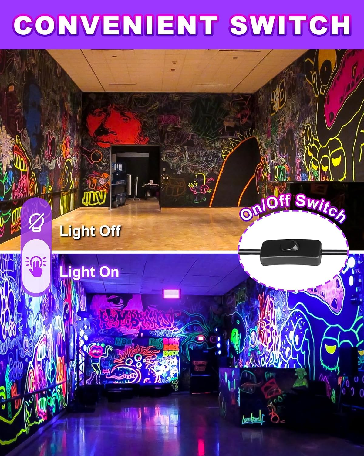 150W 2 Pack Black Lights IP66 Waterproof with Switch + Plug + 10FT Cord, Outdoor LED Blacklights for Neon Glow Party, Body Paint, Fluorescent Party, Stage, Halloween