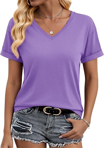 YUCOLEN Womens Short Sleeve V Neck T Shirts Casual Loose Tees Cotton Soft Breathable UPF 50+ Tops Summer 2026