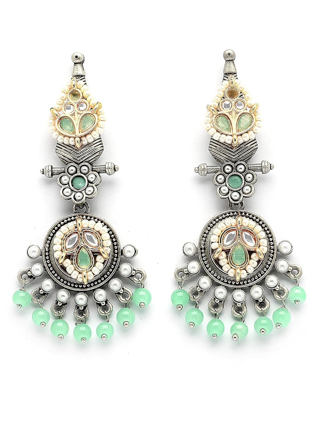 Karatcart Traditional Oxidized Silver Earrings with Mint Green Beads and Floral Motif