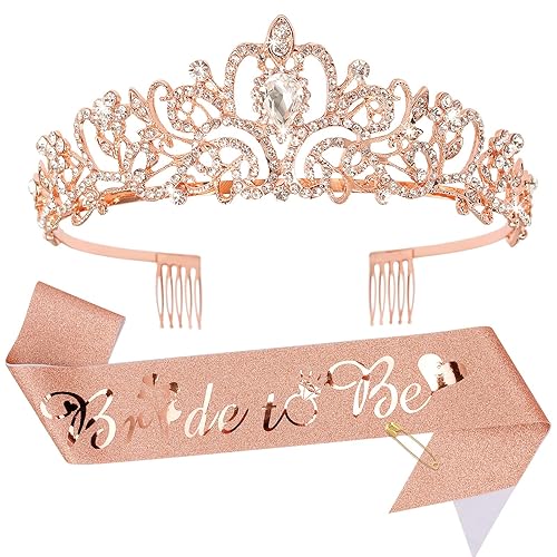 Kit de corona de novia y corona de novia, decoraciones de CIEHER para despedida de soltera, oro rosa, corona de princesa para mujeres y niñas,