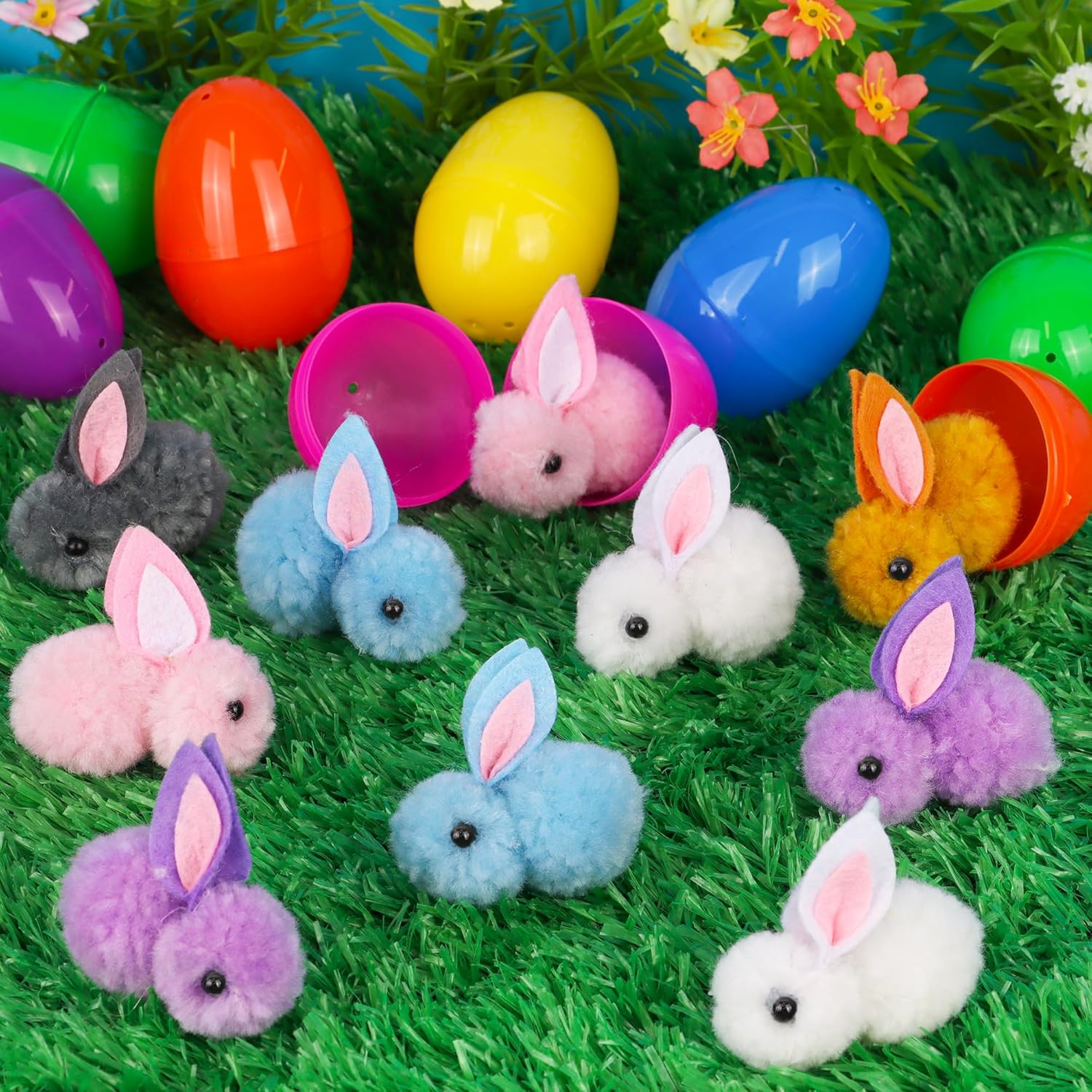 24 Pack Easter Egg Fillers with Easter Bunny Plush Easter Eggs with Toys Inside, Mini Easter Stuffed Animals Easter Eggs Hunts Party Favors Easter Basket Stuffers for Kids Toddler Teens Boys Girls