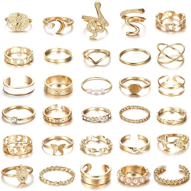 CASSIECA 30/40 Pcs Vintage Gold Knuckle Rings Set, Boho Butterfly Snake Stackable Finger Rings for Women Girls, Silver Midi Rings Pack
