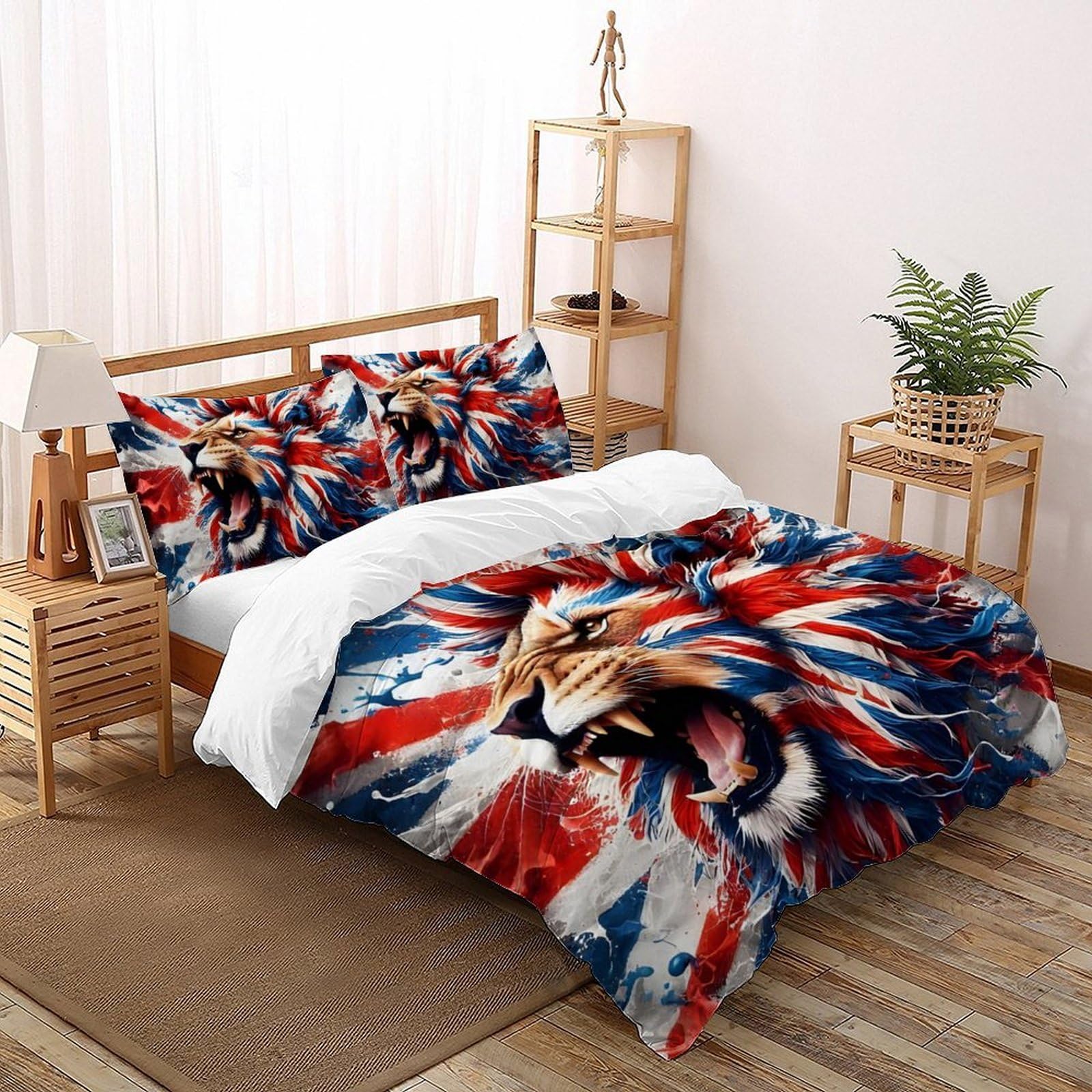 SHOVERKD 3D Printed Union Jack Lion Quilt Cover Wild Land Animal Bedding Set 3Pcs Luxury Microfiber with Pillowcases,Hidden Zipper for Junior Collection King（220x240cm） Room Decor