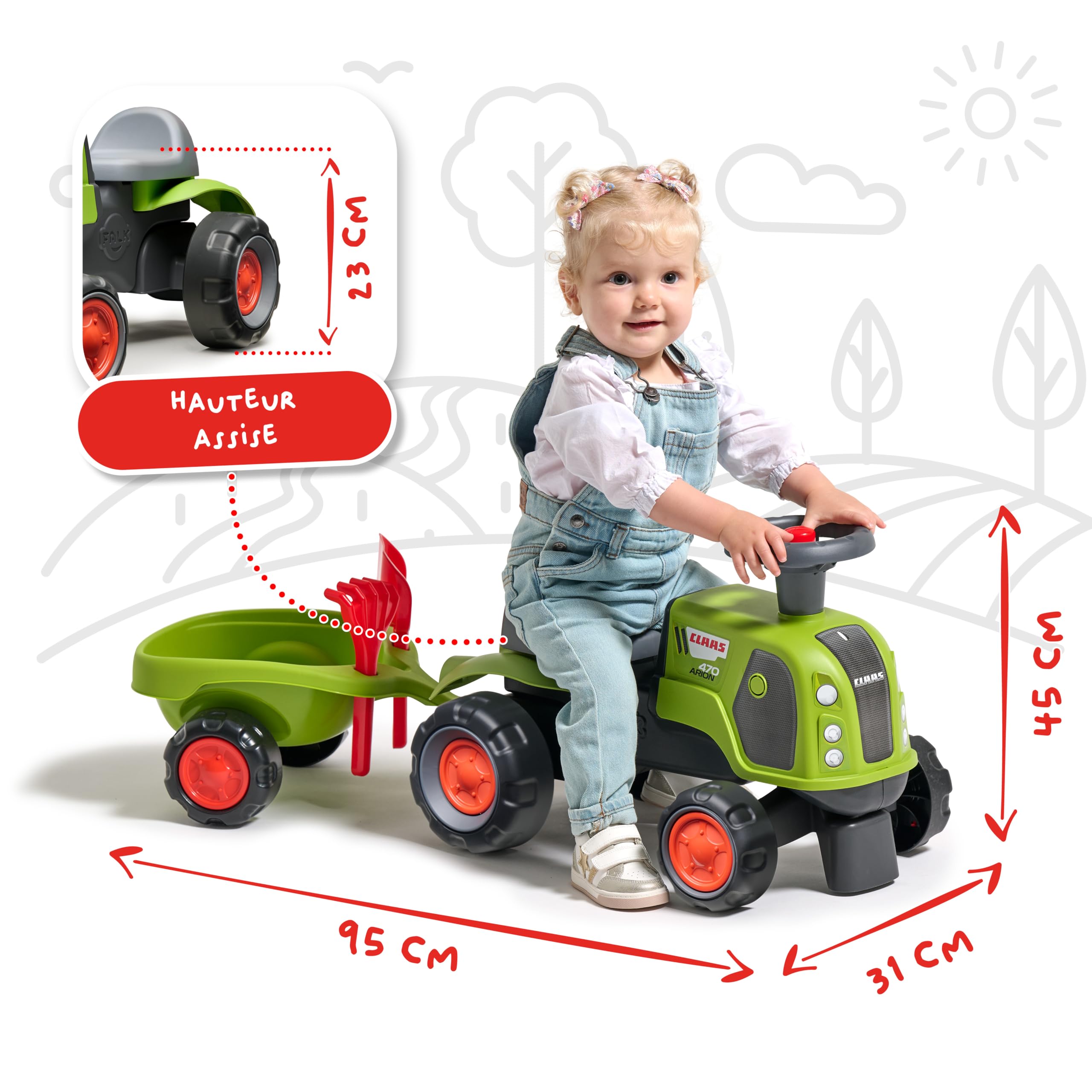 FALK Traktor Claas – Grün – leise Räder – Lenkrad mit Hupe – Anhänger mit Zubehör – 90% recycelter Kunststoff – 100 ab 12 Monaten – 312CS