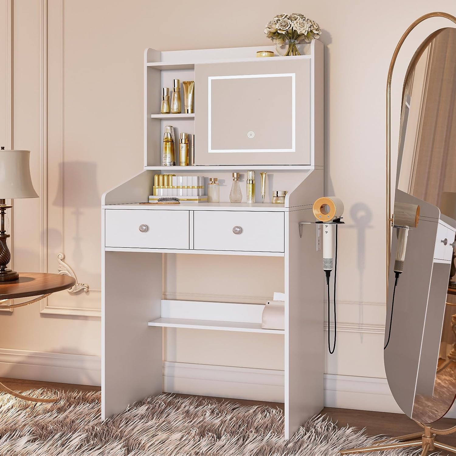 Vanity, Small Vanity Desk with Sliding Mirror, Dimmable LED Lights, 2 Drawers,Vanity Table Ideal for Bedroom (White)