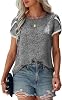 Angashion Womens Tops Casual Floral Print Lace Crochet Short Sleeve Crewneck Summer Loose Blouse Shirt Tunic Top