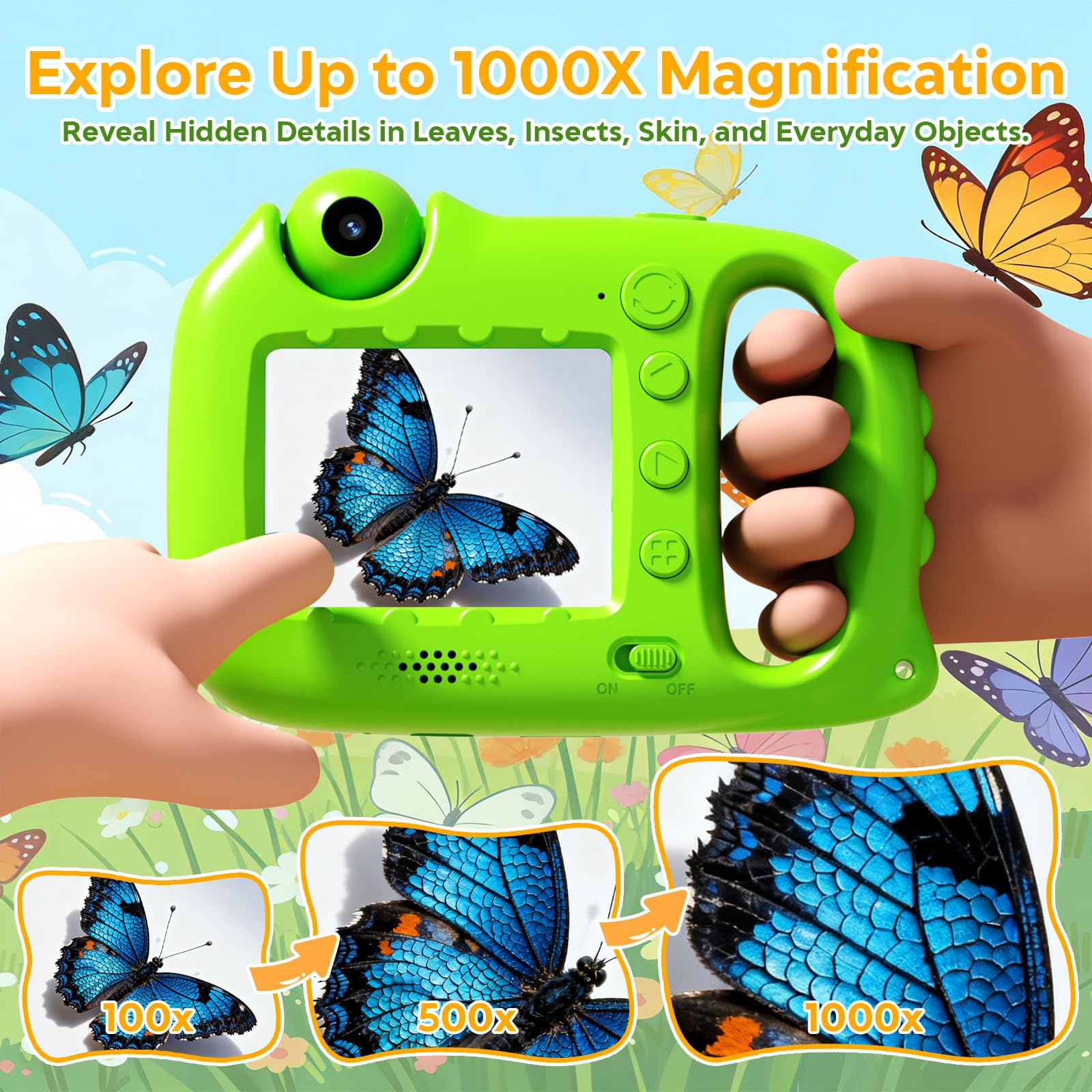 Microscopio digitale portatile 1000X per bambini, con schermo IPS da 2,4 pollici, ricaricabile USB-C, foto e video, giochi e canzoni integrati, scheda da 32 GB, regalo per bambini dai 5 ai 12 anni