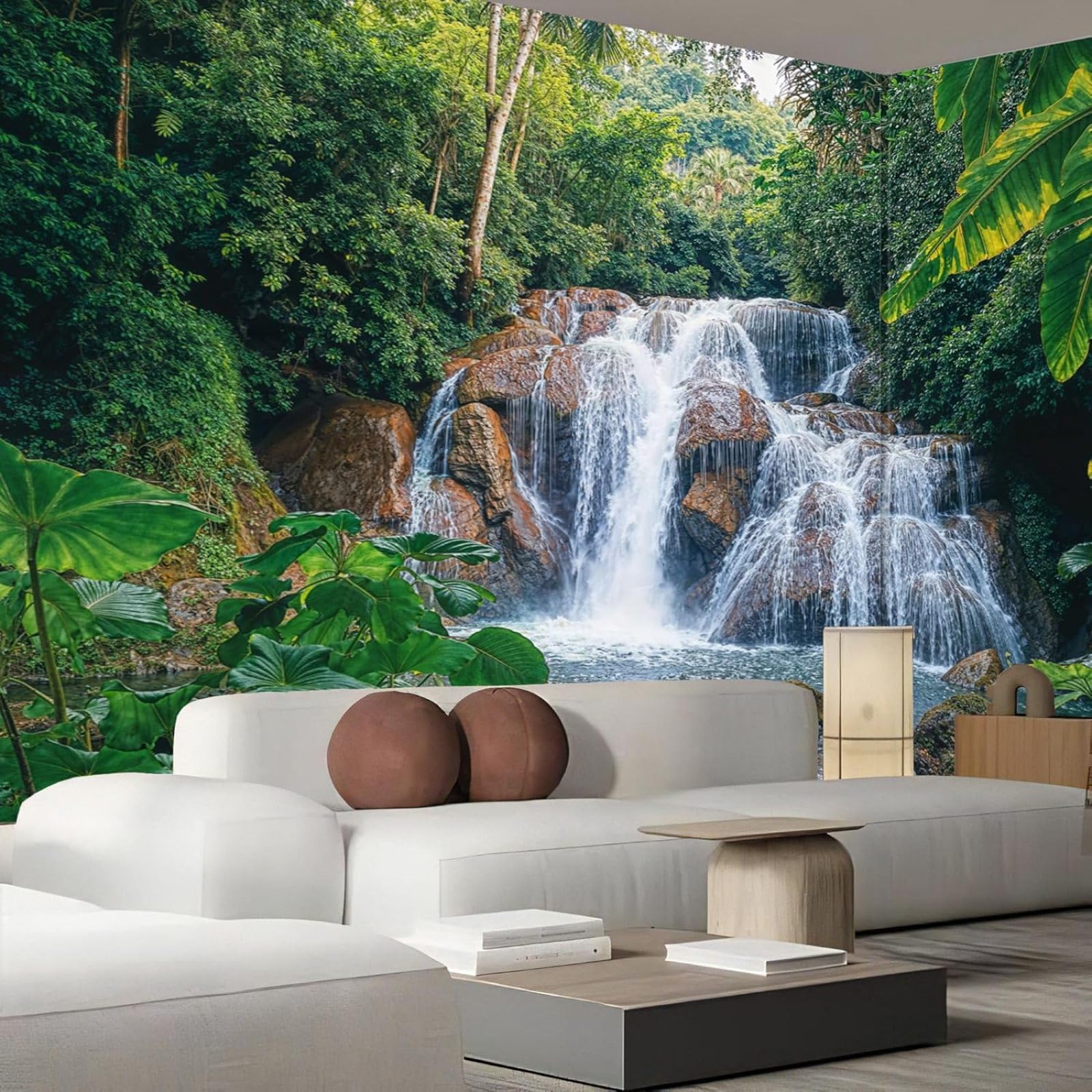 Photo wallpaper Thailand landscape - XL, Waterfall cascading over rocks, 3D effect, green, for living room/bedroom, non-woven wallpaper, wall mural, 430cm x 300cm, stickers - frameless painting - post