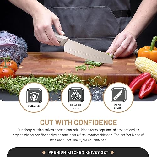 Miniatura 5 de DFACKTO Juego de cuchillos de cocina de 15 piezas con afilador, cuchillas de acero inoxidable de alto carbono, diseño ergonómico de espiga completa,