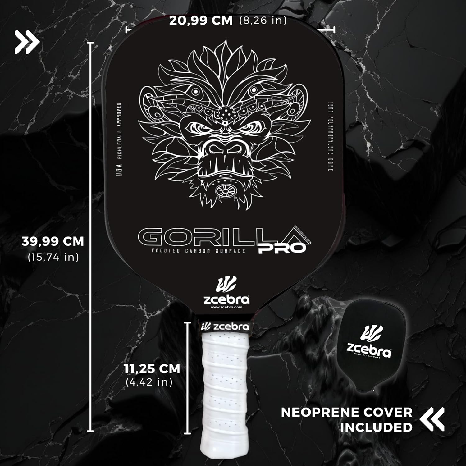 Carbon Pickleball Paddle - Frosted Carbon Surface - Core 16mm Polypropylene Wide Shape - Neoprene Cover - Gorilla Pro Black