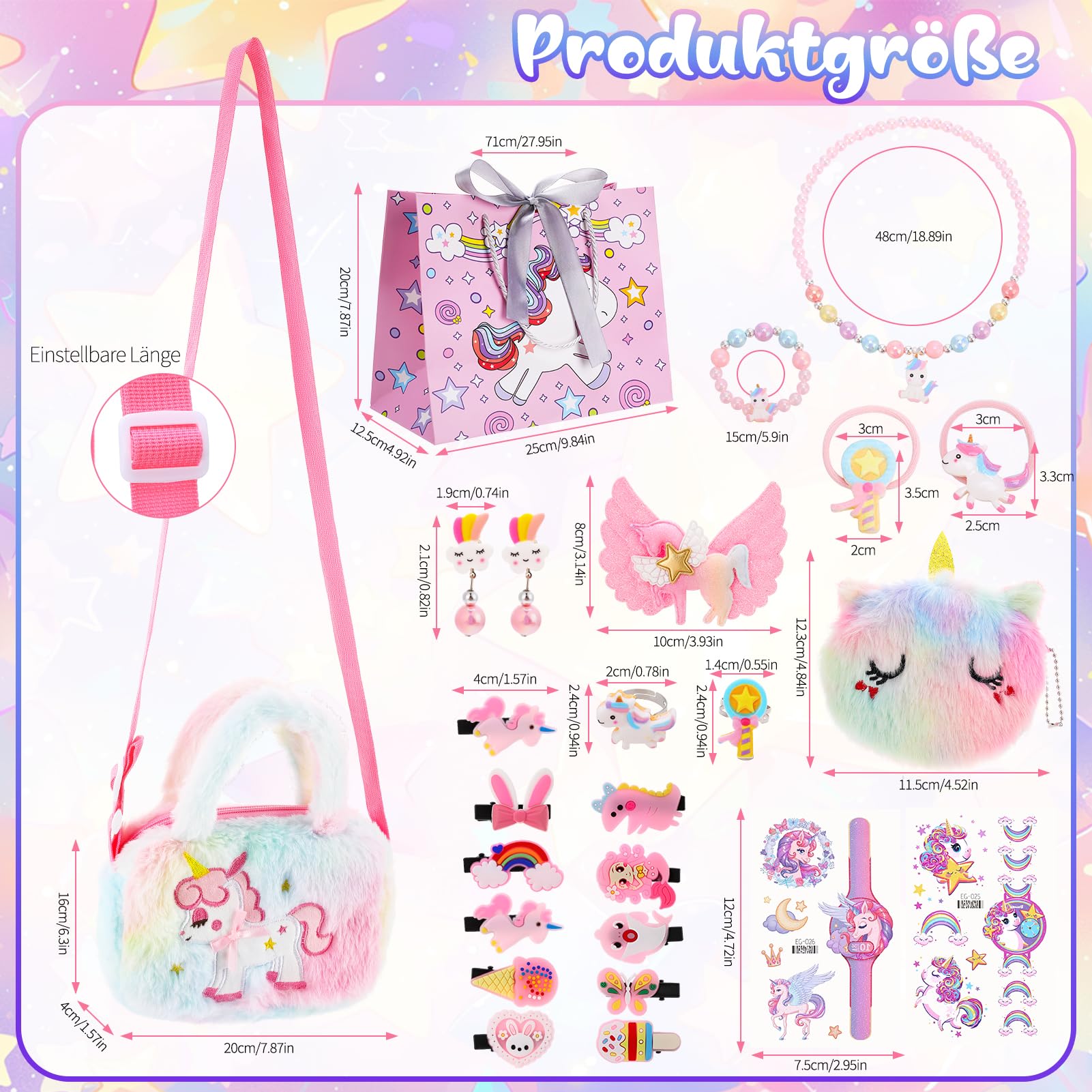 Lot de 23 cadeaux licorne pour filles de 3, 4, 5, 6, 7, 8 ans, ensemble de bijoux licorne avec sacs, bijoux pour enfants, épingles à cheveux, tatouages temporaires, sacs cadeaux