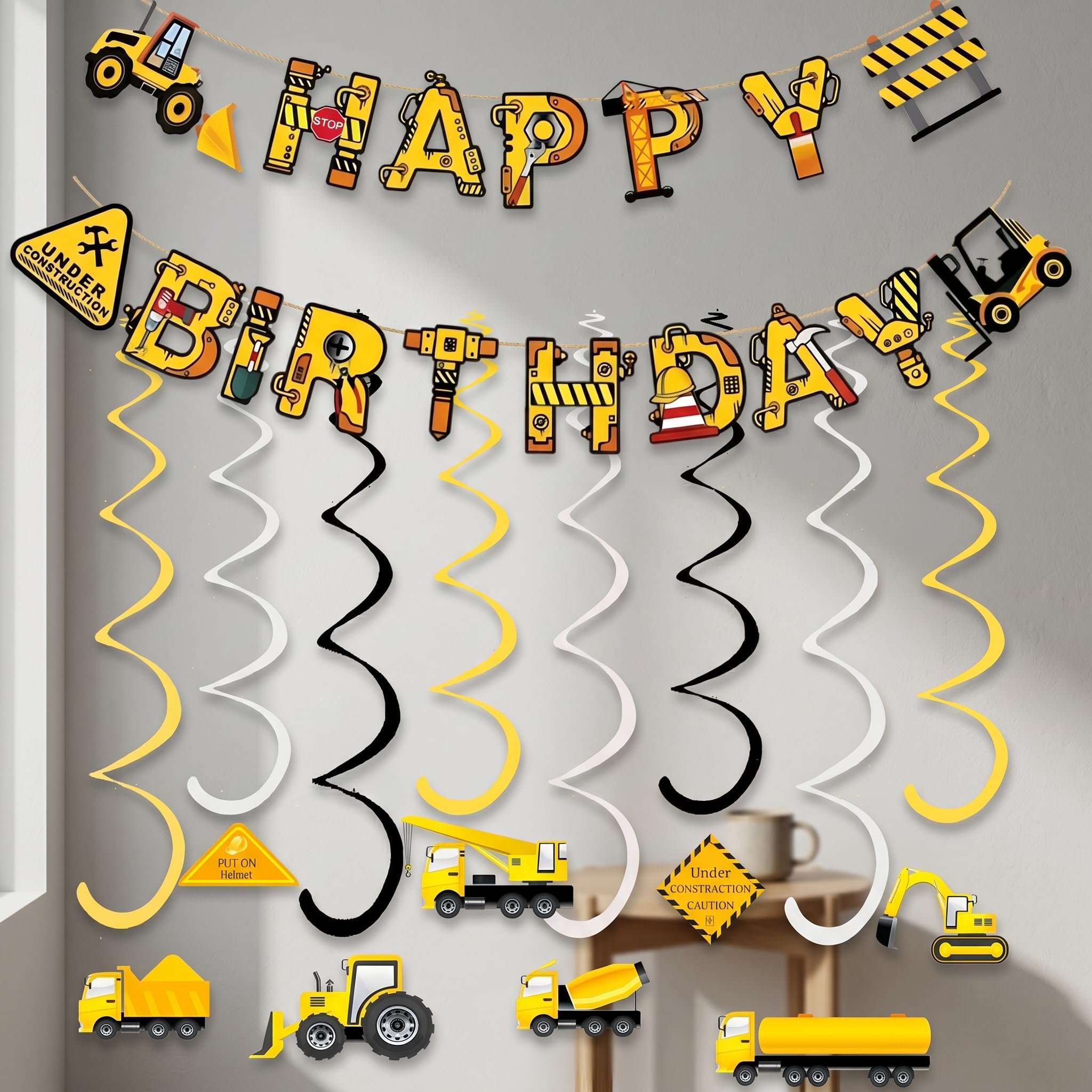 Construction Theme Birthday Banner Set - 9 Piece Digger Tractor Party Decorations with Hanging Signs for Birthday Party Supplies