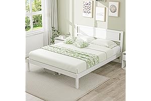 KOMFOTT Queen Size Wood Platform Bed Frame with White Headboard