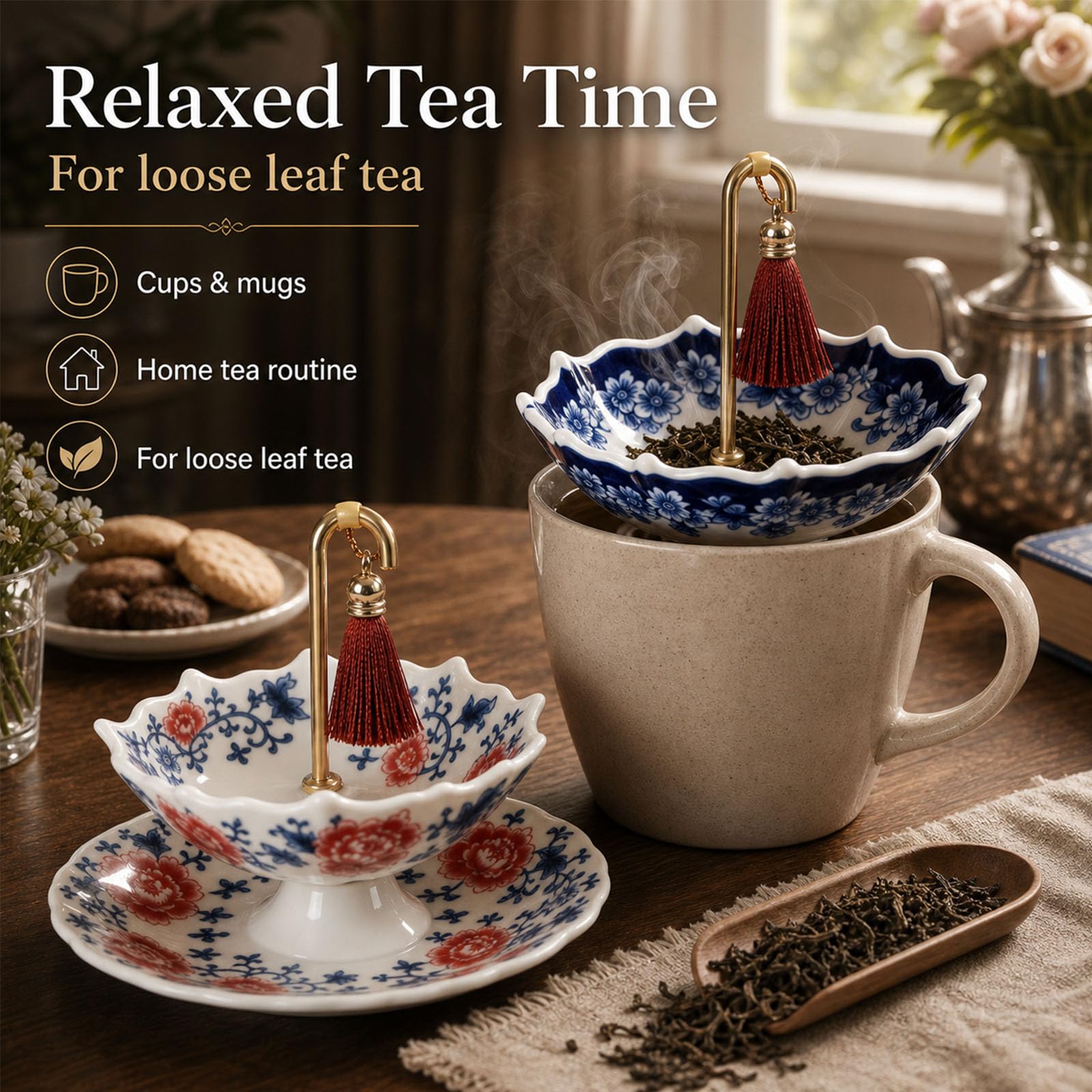 Colador de té de cerámica, infusor de té de paraguas para té de hojas sueltas, filtro de té de porcelana, bonito accesorio de té para la hora del té en casa y mesas de regalo (2 unidades-A)