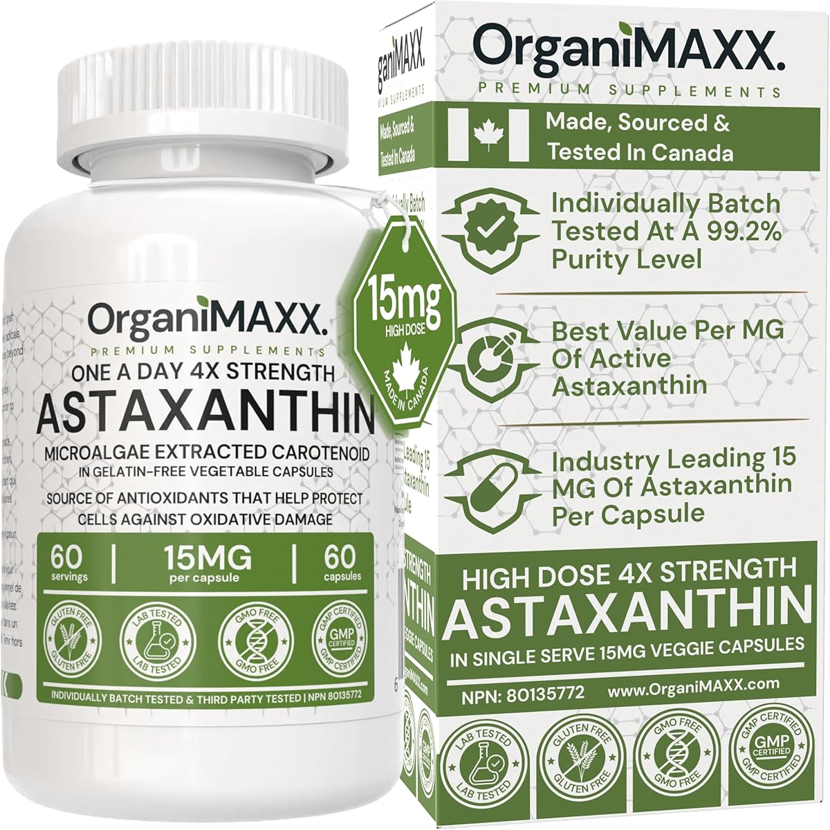 OrganiMAXX. 15mg Astaxanthin 4X Strength, 60 Max Absorption Vegetable Capsules. OrganiMAXX Astaxanthin Supplement GMO-Free Microalgae Extract Carotenoids. Antioxidant Support for Hair, Skin & Eye Health. Vegan Friendly, Free of Gluten, Soy & Dairy.