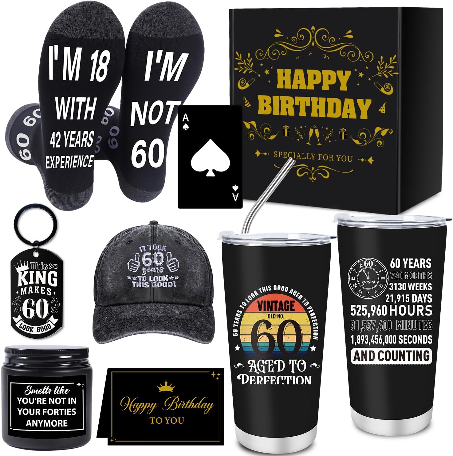 Keluna 60th Birthday Gifts for Men - 7Pcs 60 Years Old Mens Birthday Gifts Ideas, 20oz Tumbler, Funny Socks, Baseball Cap,Keychain, Bottle Opener, Candles, 60th Presents for Dad Granpa Husband Boss