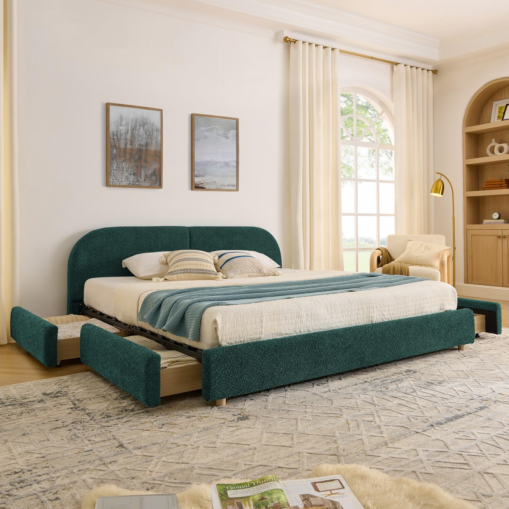 Photo 1 of *** PARTIAL SET *** KEIKI King Size Thick Boucle Platform Bed Frame with Upholstered Curved Headboard & 4 Storage Drawer, Wood Low Profile Floor Bed for Bedroom, No Box Spring Needed, Modern Minimalist Style