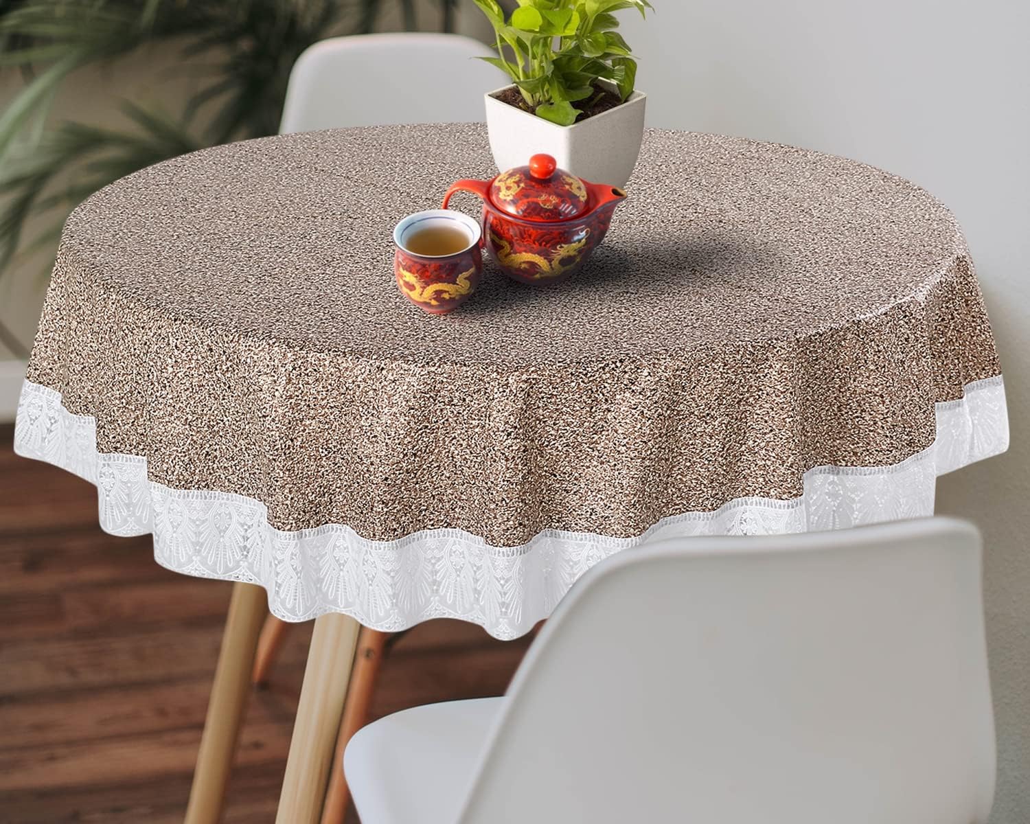CRAFT CITY Printed PVC Plastic Flowered 4 Seater Round Shape Table Cover (Size- 60 Inches Round) (Brown Stone)