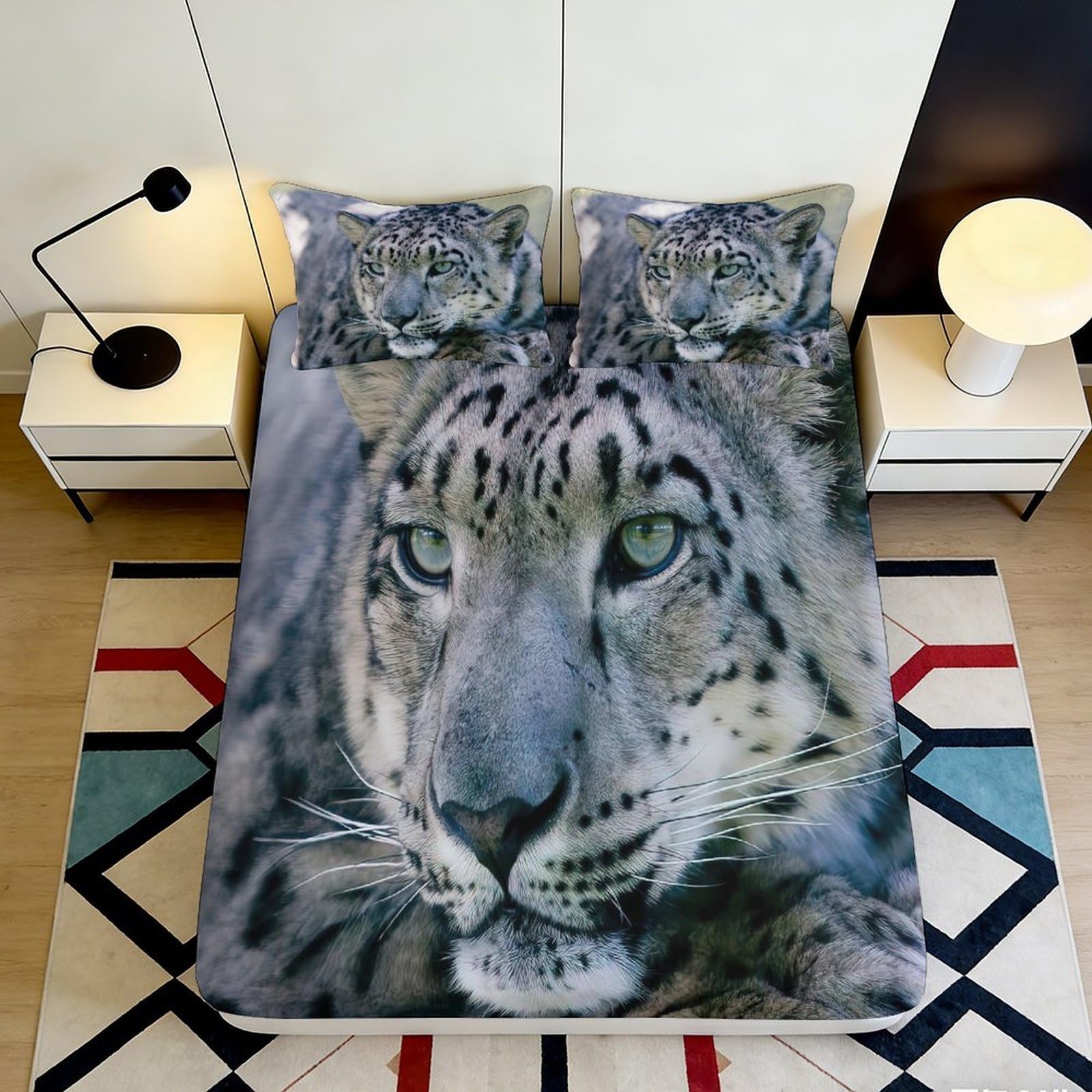 3D Printed Snow Leopard Fitted Sheet Microfiber Deep Pocket Elastic Hem Bedroom Bedding Snow Leopard Mattress Fitted Cover Washable 160x200x25cm