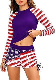 Glaoly Girls Bathing Suit 2 Piece 4th of July Rash Guard Set Long Sleeve Swimwear with Shorts Purple Red White Blue Teen Swimsuits for Girls 12-14Y