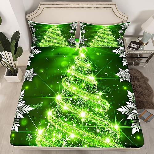 Miniatura 8 de Erosebridal Juego de sábanas con diseño de copo de nieve blanco degradado azul, 4 piezas, sábana bajera ajustable de Feliz Navidad, regalo de Año