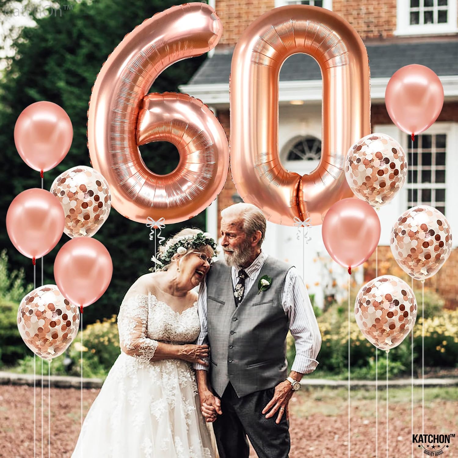 KatchOn, Big Rose Gold Number 60 Balloon - 40 Inch | Mylar Foil 60 Balloon Numbers For Happy Birthday Decorations | Number Balloons With Confetti For Anniversary Decorations | Birthday Party Supplies