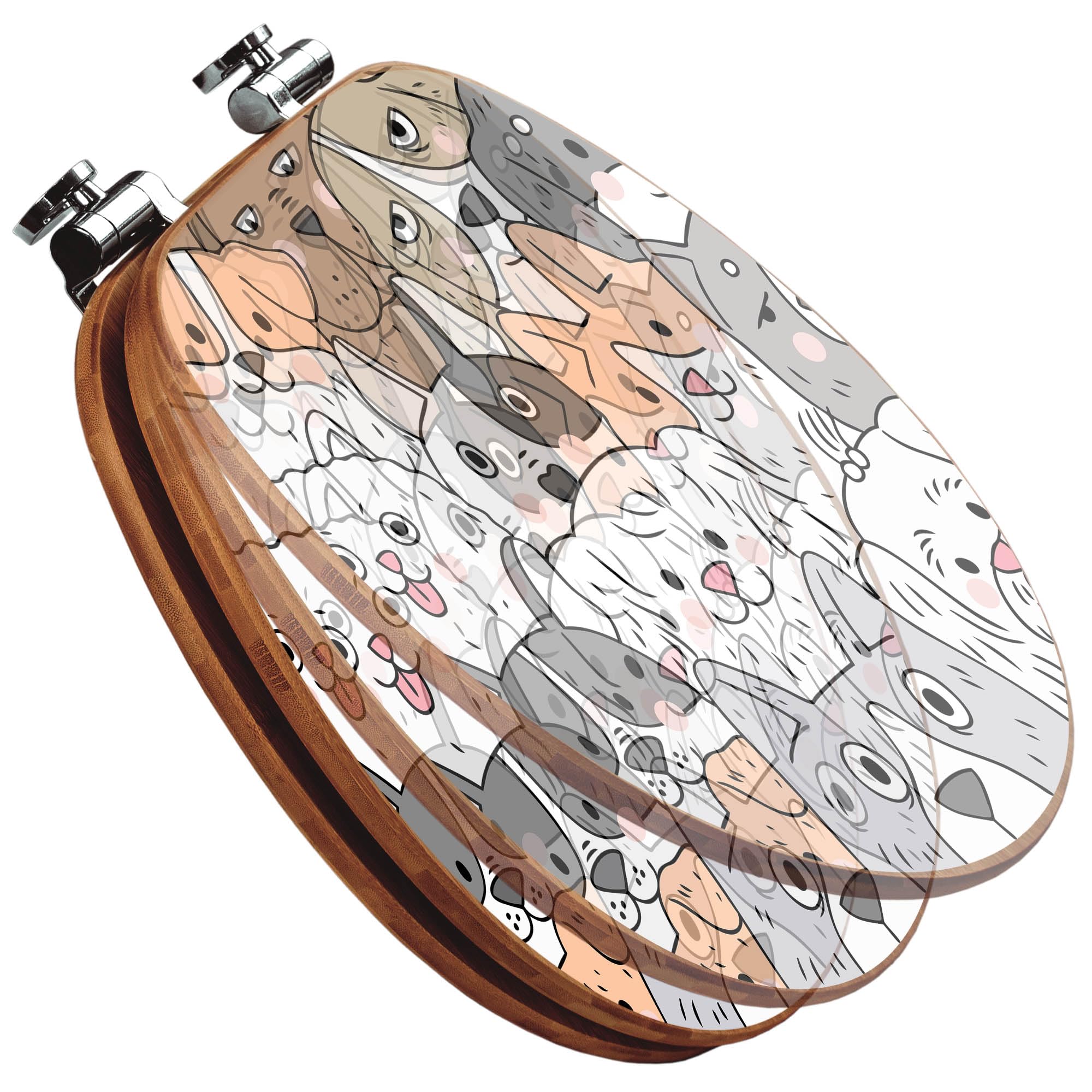 banjado Design WC Sitz Bambus Absenkautomatik 45,8x37,5cm - Toilettendeckel mit Absenkautomatik Holz - hochwertiger Bambus Klodeckel - WC-Sitz für gängigen Toiletten - Motiv Hunde Gruppe neugierig