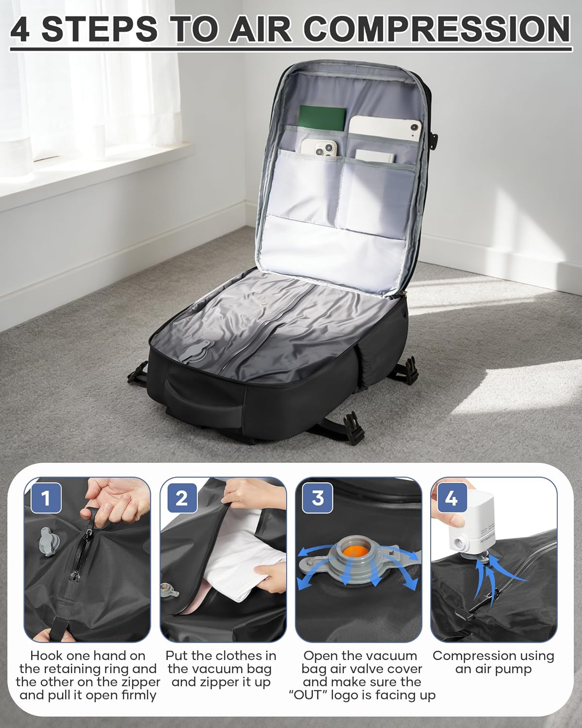 WONHOX Vacuum Seal Backpack for Travel with Air Pump Compression Daypack Personal Item Carry on Flight Approved Vacpack Laptop Space Saver Bags Storage with Vacuum System Travel Bag Women Men Black