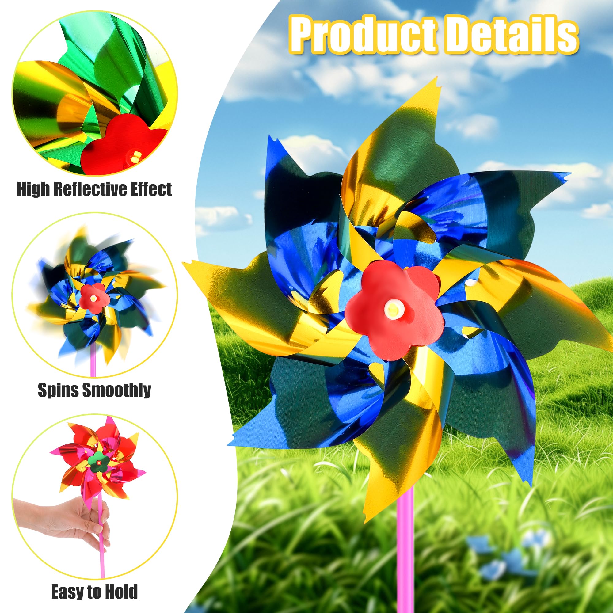 Vivantia 100 Pcs Colorful Pinwheels Reflective Windmills Plastic Outdoor Wind Spinners Bulk Windmills for Garden Yard Farm & Party Decor - Image 3