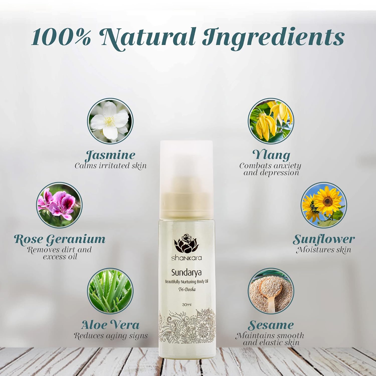 Shankara Sundarya Body Oil for Women and Men with Jasmine, Ylang, Rose Geranium, Sunflower, Aloe Vera, and Sesame – Perfect Moisturizing Body Oil for Uplifting Mind and Purifying Skin. (30ml/1 bottle)