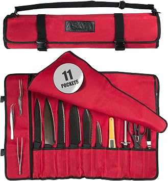 Asaya Waxed Canvas Chef Knife Roll Bag with 10 Slots and a Zipper Pocket - Professional Chef Knife Bag & Storage Case, with Shoulder Strap - Knives Not Included (Red)