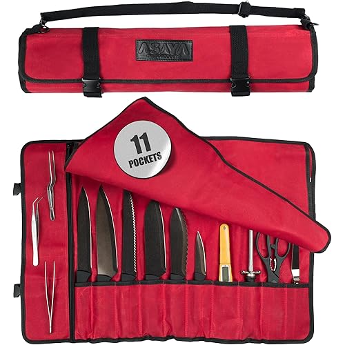 Asaya Waxed Canvas Chef Knife Roll Bag with 10 Slots and a Zipper Pocket - Professional Chef Knife Bag & Storage Case, with Shoulder Strap - Knives Not Included (Red)