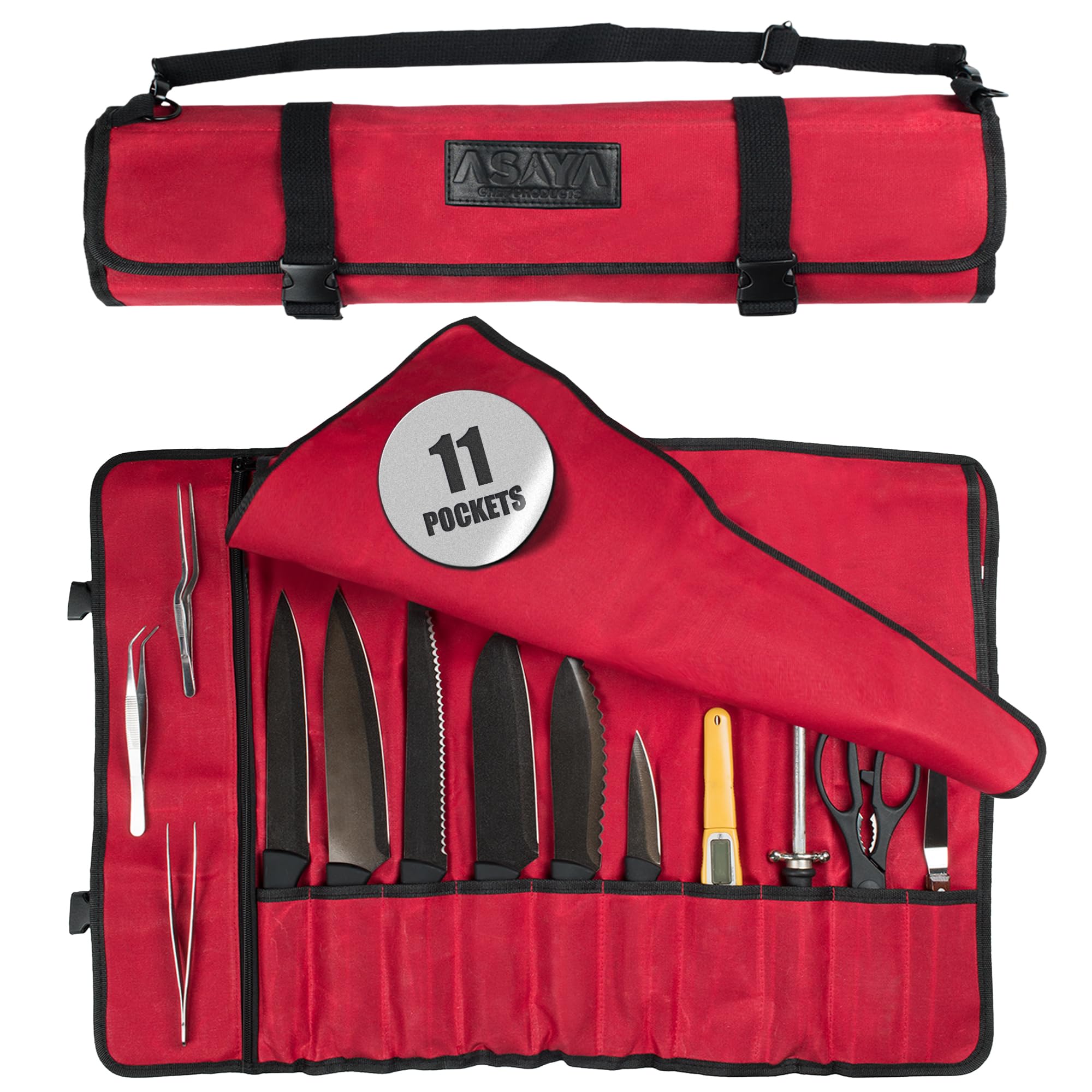 Asaya Canvas Chef Knife Roll Bag - 10 Knife Slots and a Large Zipper Pocket - Durable 10oz Canvas Knife Case with an Adjustable Shoulder Strap - Knives not Included (Red)