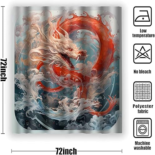 Miniatura 4 de YLOKPA0461 - Cortina de ducha de dragón japonés con ganchos, enorme ola de mar, cortina de baño de dragón rojo, 72 x 72 pulgadas, tela para
