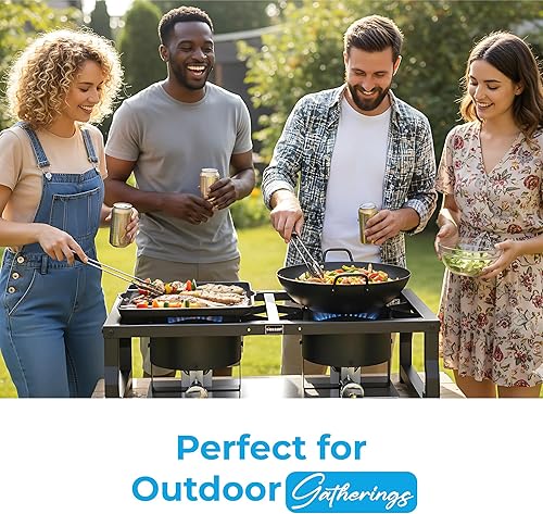 Miniatura 2 de Estufa de campamento de doble quemador de mesa, cocina portátil de gas propano de 100,000 BTU con regulador CSA, marco de acero resistente para