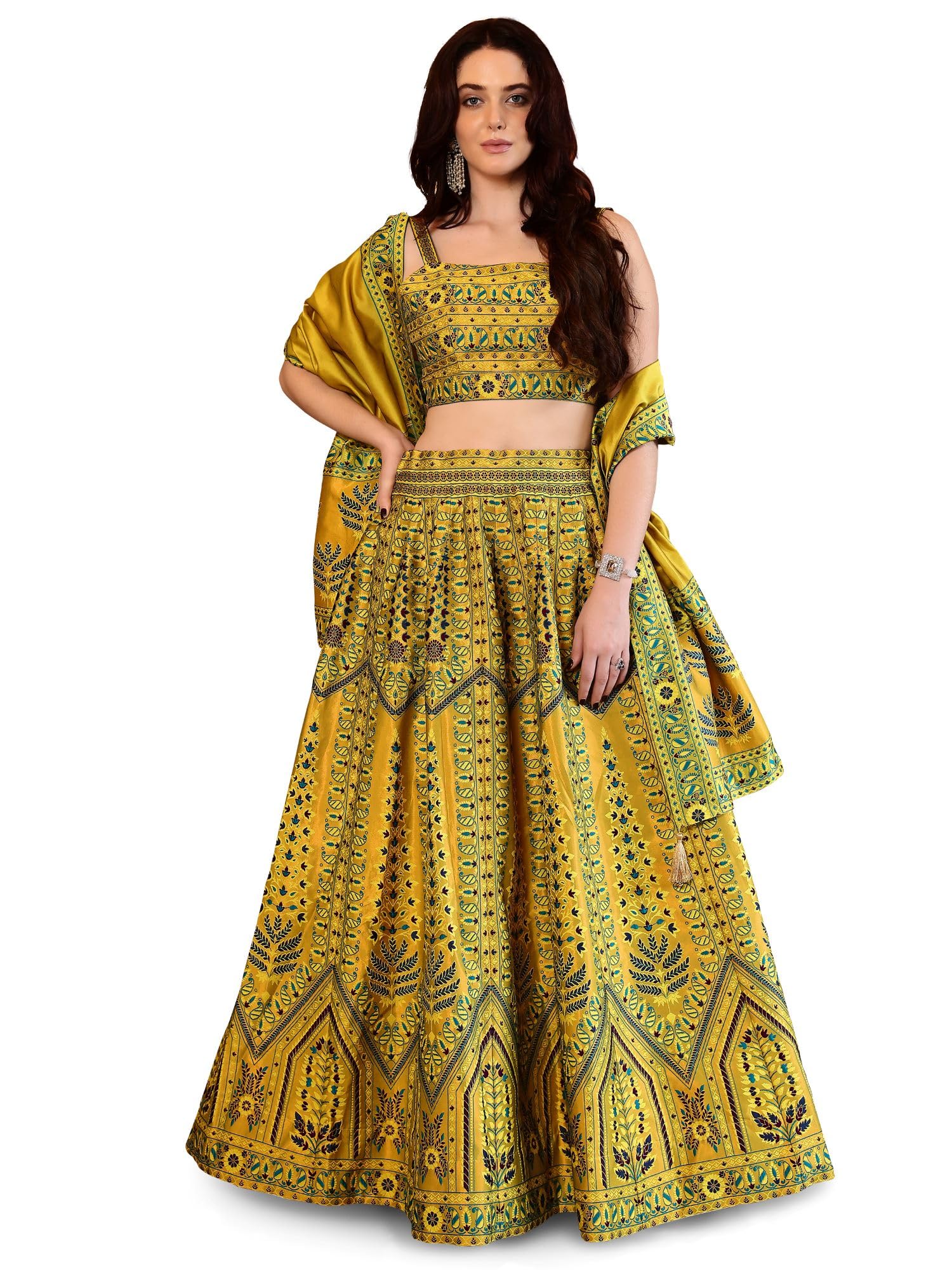 PURVAJA Lehenga zestaw choli dla kobiet, sztuczny jedwab, półszyte