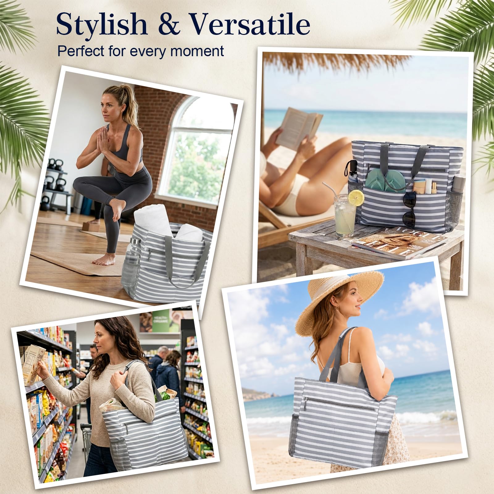 Borsa Mare Grande XXL Famiglia, Borsa Spiaggia Donna Impermeabile con Chiusura a Zip e Tasche, Borsa Mare in Tela Resistente con Pochette, Ideale per Piscine, Vacanze e Viaggio