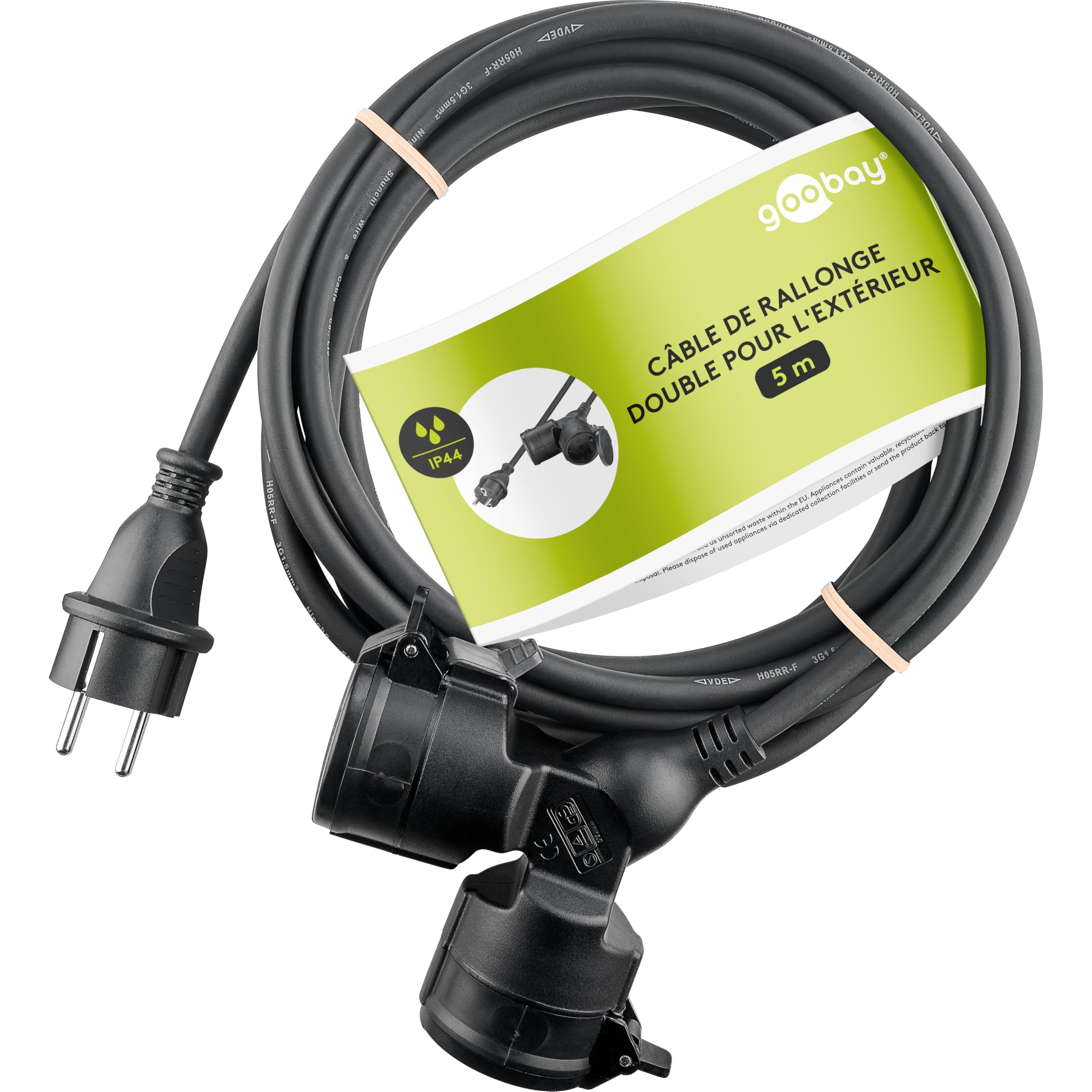 goobay - Rallonge de Courant Double pour Usage extérieur IP44 / Câble d'alimentation pour extérieur / 2 Prises Schuko avec Rabats de Protection / 3680 W à 250 V (AC) et 16 A, 65434, 5 m