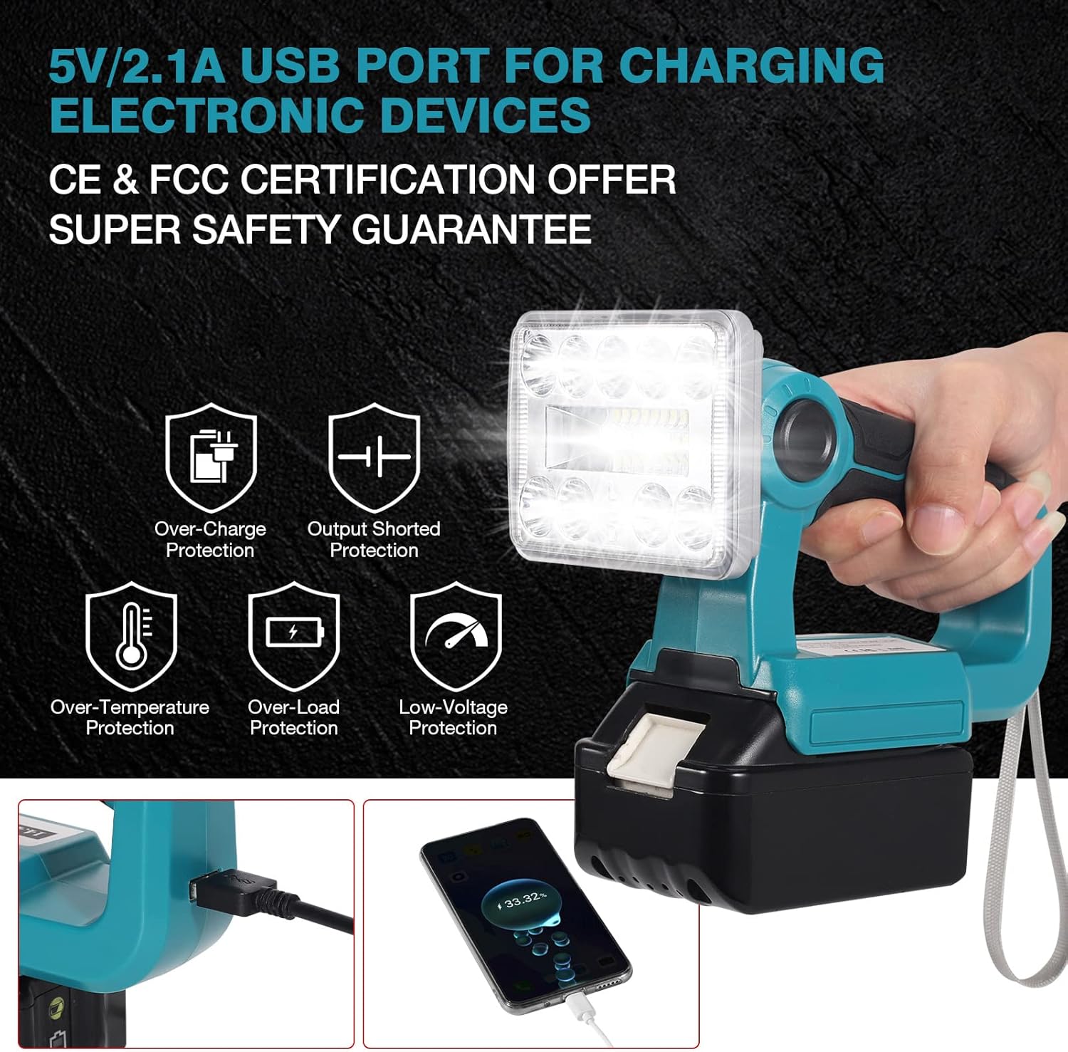 Hiesuan 9W 1000LM Handheld Flashlight Cordless LED Work Light Powered by Makita 14.4-18V LXT Li-Ion Batteries BL1830 BL1840 BL1850 Rechargeable Outdoor Jobsite Light 90° Rotating - - 