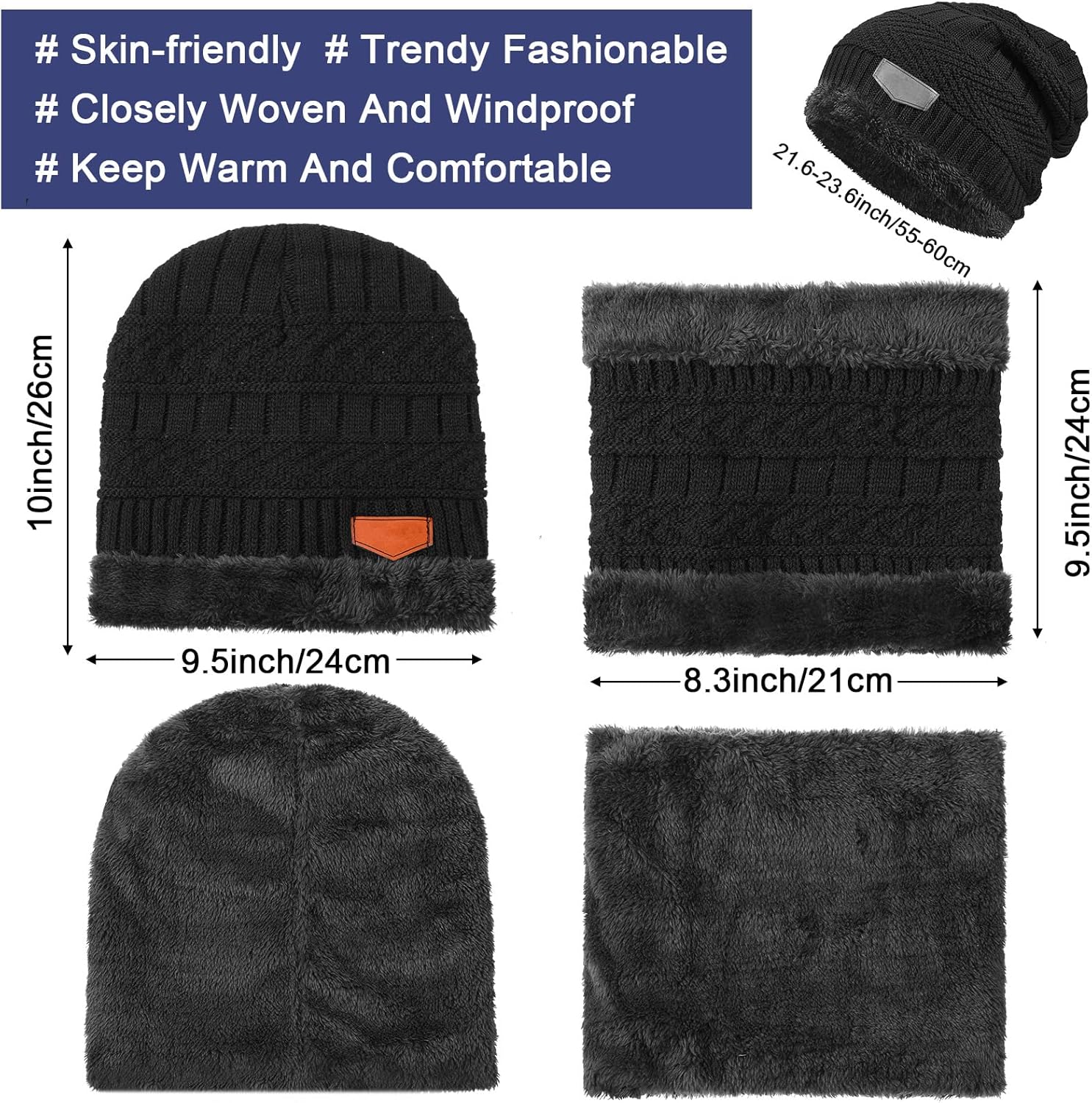 16 Pcs Winter Hat Scarf Gloves Sock Set Knit Beanie Cap Neck Warmer Touchscreen Slouchy Skull Mittens Circle for Women Men - Image 2