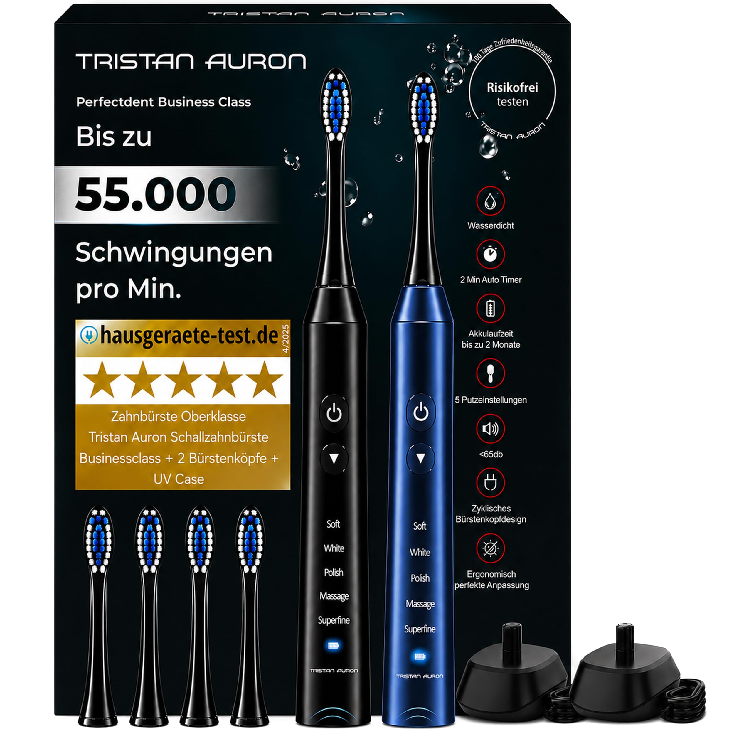 Elektrische Schallzahnbürste 55000 Schwingungen, risikofrei 100 Tage testen | Tristan Auron Business Class Doppelpack (blau/schwarz), Beste Reisezahnbürste, 60 Tage Akku, IPX7, 5 Putzmodi, 4 Bürstenköpfe