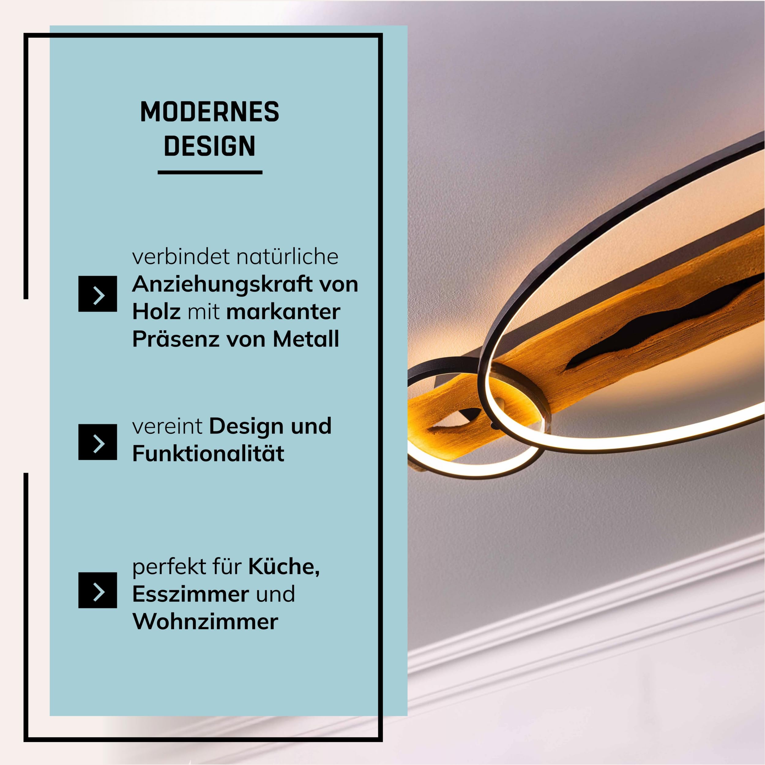 Lightbox moderna lampada da soffitto a LED in stile naturale - plafoniera con dimmer a 3 livelli e 2 anelli LED su trave di legno - 70 x 30 cm - 3300 lm, 3000 K - in legno di pino/metallo in