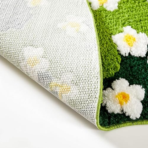 Miniatura 5 de Bonita alfombra de baño verde con diseño de flores y margaritas de primavera, antideslizante, lavable a máquina, súper absorbente, de forma