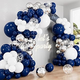 Navy Blue and Silver Balloons Garland Arch Kit,134 Pcs 18/12/10/5 Inch White Navy Blue and Silver Balloons with Confetti Latex Balloons, for Birthday Baby Shower Wedding Graduation Party Decorations
