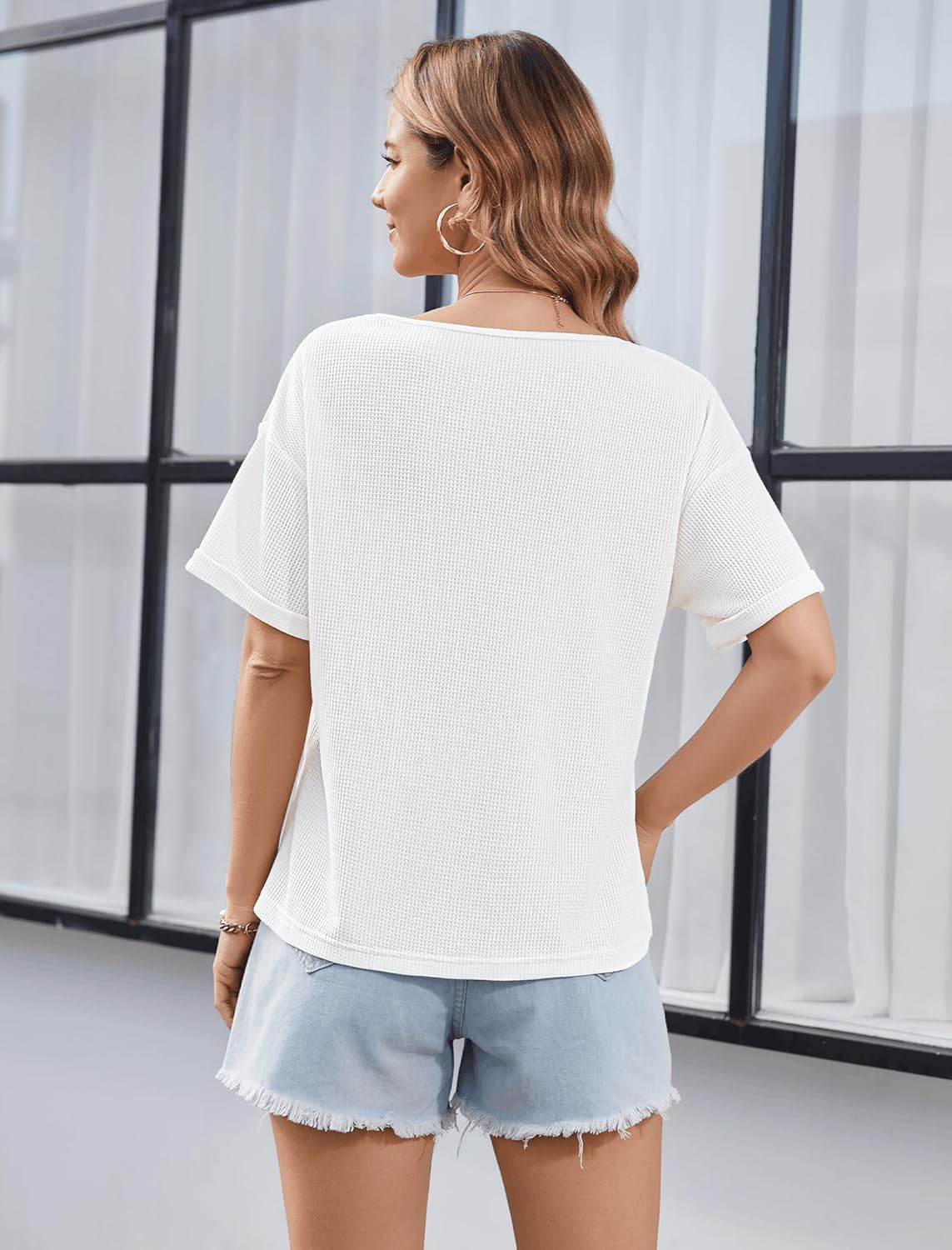 Womens V Neck Short Sleeve T Shirts Waffle Knit Tops Casual Loose Fit Casual Summer Tees Trendy Blouses S-XXL - Image 3